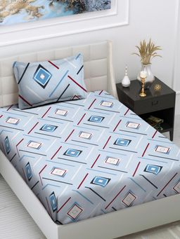 FABINALIV - Blue Geometric Cotton Blend Single Bedsheet with Pillow Cover