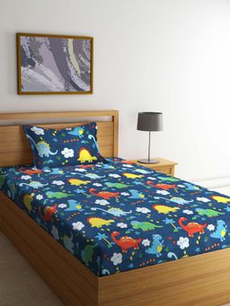 FABINALIV - Blue Graphic Cotton Blend Single Bedsheet with Pillow Cover