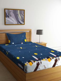 FABINALIV - Blue Graphic Cotton Blend Single Bedsheet with Pillow Cover