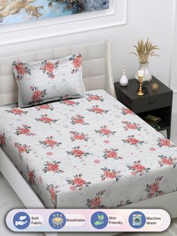 FABINALIV - Grey Floral Cotton Blend Single Bedsheet with Pillow Cover