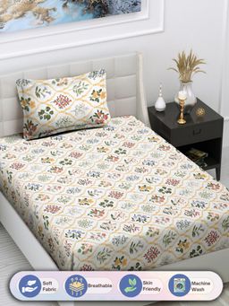 FABINALIV - White Floral Cotton Blend Single Bedsheet with Pillow Cover