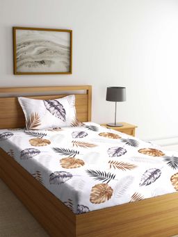 FABINALIV - White Floral Cotton Blend Single Bedsheet with Pillow Cover