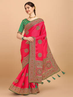 Amrutam Fab - Womens Embroidered Silk Pink Saree With Unstitched Blouse Piece