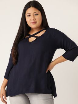 theRebelinme - Womens Navy Blue Solid Color Neck Cut Out Detail Top