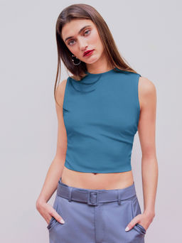 Cider - Blue Round Neckline Solid Sleeveless Ruched Crop Top