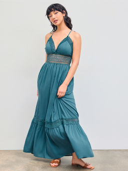 Cider - Teal Solid Lace Trim Tiered Maxi Dress