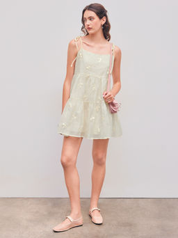 Cider - Cream Solid Bowknot Babydoll Mini Dress