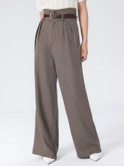 Cider - Houndstooth High Waist Belted Wide Leg Trousers
