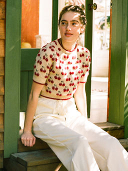 Cider - Contrasting Binding Cherry Pattern Knitted Crop Top