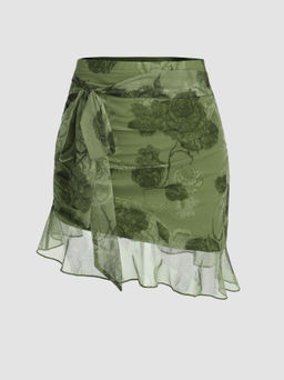 Cider - Chiffon High Waist Floral Knotted Mini Skirt
