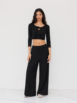 Cider - U-Neckline Button Solid Cardigan & Crop Tank Top & Elastic Waist Trousers (Set Of 2) ()