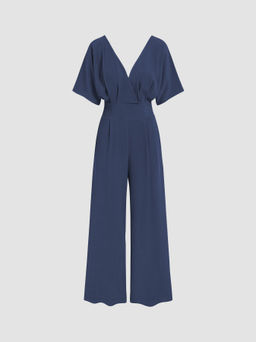 Cider - Linen-Blend V-Neck Solid Corset Middle Sleeve Pocket Jumpsuit