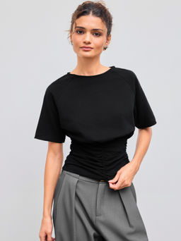 Cider - Cotton-Blend Round Neck Solid Ruched Short Sleeve Tee