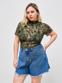 Cider - Mesh Round Neckline Floral Lettuce Trim See-Through Bodysuit Curve & Plus