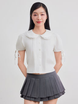 Cider - Cotton Doll Collar Solid Knotted Short Sleeve Shirt