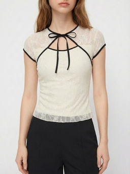 Cider - Round Neckline Floral Contrasting Binding Cut Out Knotted Short Sleeve Top