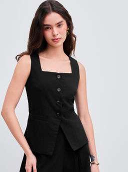 Cider - Woven Square Neck Solid Knotted Blazer Vest
