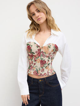 Cider - Cotton V-neck Collar Floral Patched Corset Long Sleeve Blouse