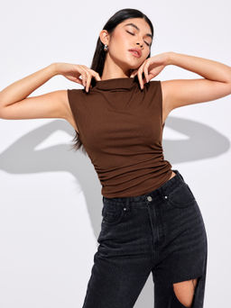 Cider - Solid High Neck Sleeveless Ruched Tank Top