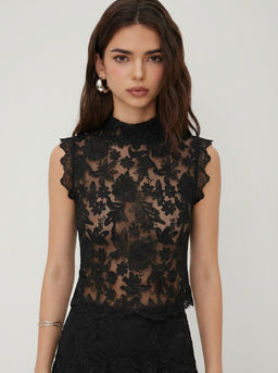 Cider - Lace Mandarin Collar Floral See-through Tank Top