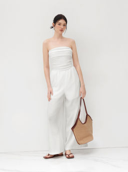 Cider - Texture Ruched Tube Wide Leg Jumpsuit