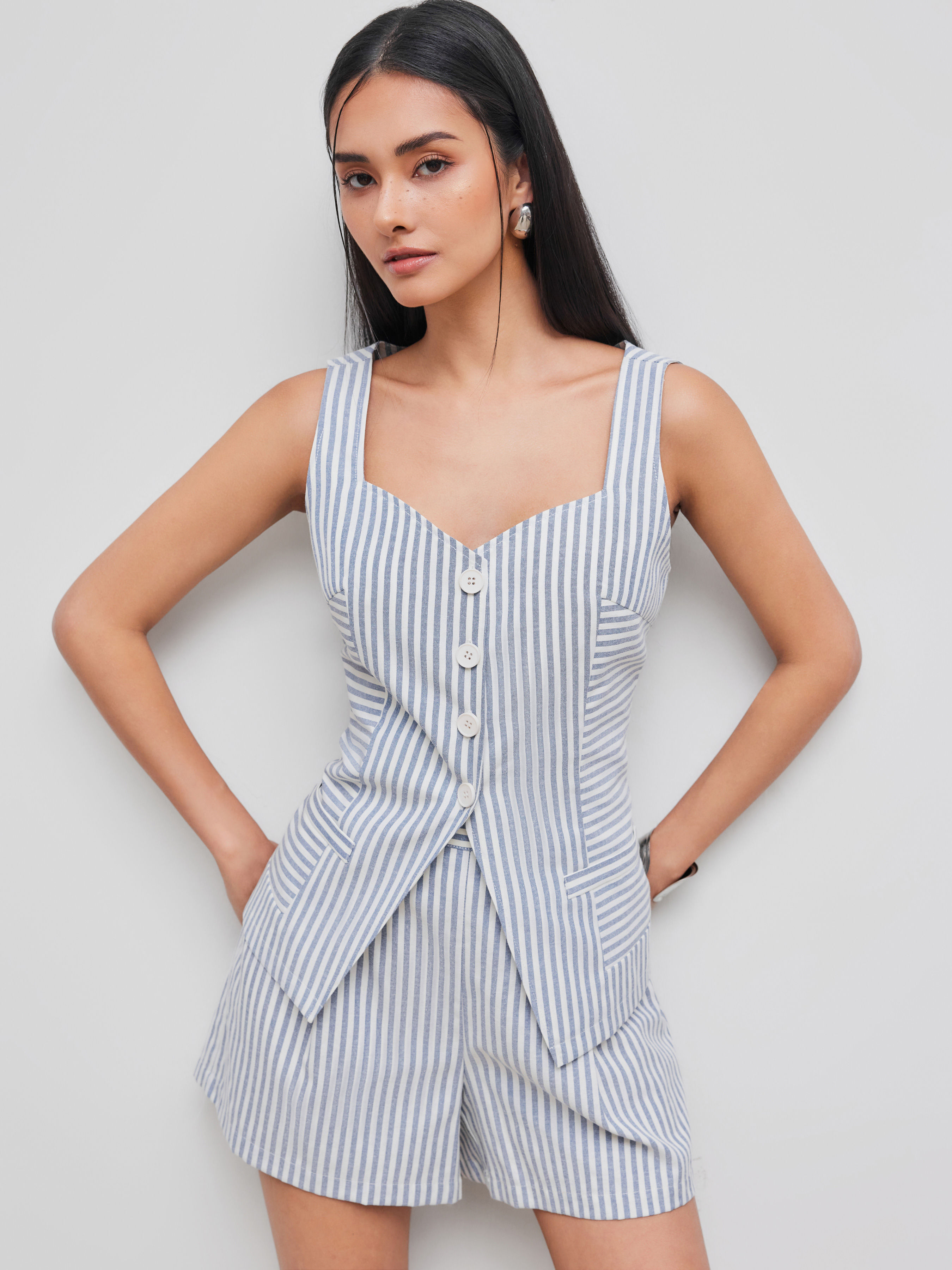 cider Cotton-blend Sweetheart Neckline Striped Button Jacket Vest-picture-13
