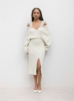 Cider - Knit Off-Shoulder Wrap Lace Split Midi Dress