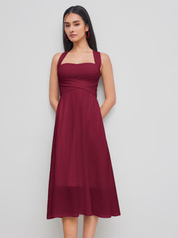Cider - Square Neck Solid Criss Cross Ruffle Midi Dress