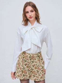 Cider - High Neck Knotted Long Sleeve Blouse Bodysuit