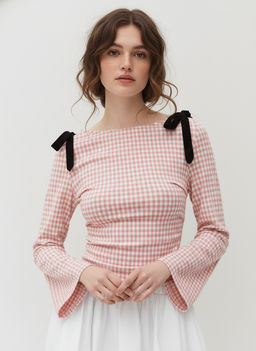 Cider - Boat Neck Gingham Bowknot Ruched Long Sleeve Top
