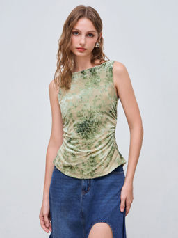 Cider - Boat Neck Floral Knotted Ruched Crop Tank Top