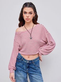 Cider - Cotton-blend Asymmetrical Neck Stripe Oversized Crop Sweatshirt