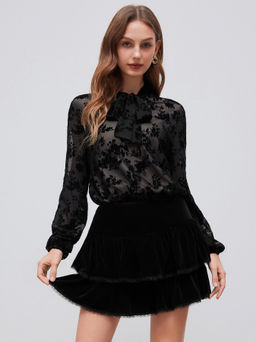 Cider - Lace Stand Collar Floral Knotted Shirt Bodysuit