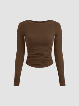 Cider - Thermal Cotton-blend Boat Neck Solid Ruched Long Sleeve Tee