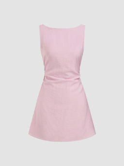 Cider - Linen-Blend Boat Neck Solid Knotted Backless Mini Dress