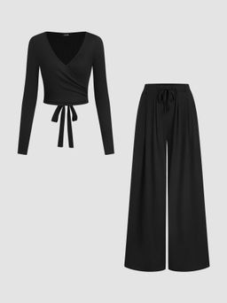 Cider - V-neck Wrap Knotted Long Sleeve Top & Mid Rise Straight Leg Trousers Set