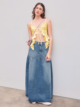 Cider - Lace Ruffle Hem Knotted Knit Crop Top