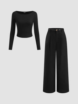 Cider - Boat Neck Long Sleeve Top & Mid Rise Straight Leg Trousers With Belt (Set of 3)