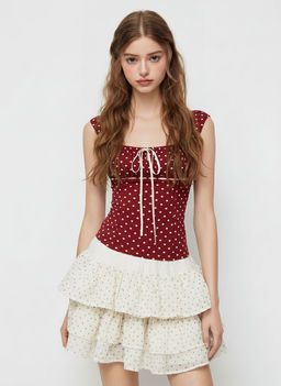 Cider - Square Neck Polka Dot Knotted Short Sleeve Top