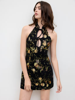 Cider - Jacquard Halter Neckline Floral Cut Out Tie Front Mini Dress