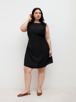 Cider - Linen-blend Boat Neck Ruched Knotted Backless Mini Dress Curve & Plus