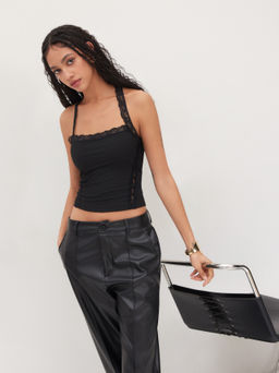 Cider - Halter Neckline Lace Trim Top