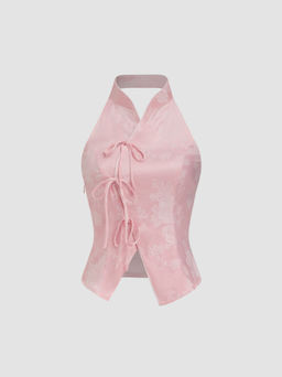 Cider - Jacquard Mandarin Collar Floral Bowknot Tank Top