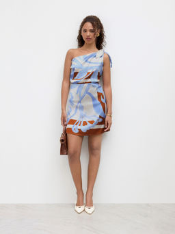 Cider - Asymmetrical Neck Floral Print Knotted Dress