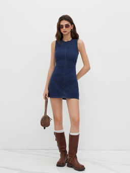 Cider - High Stretch Denim Ruched Zipper Mini Dress