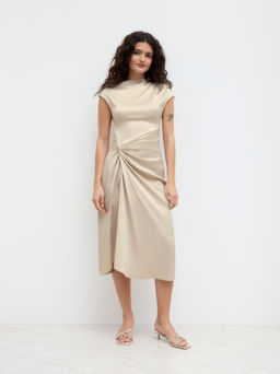 Cider - Satin Asymmetrical Neck Twist Split Midi Dress