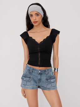 Cider - Cotton-blend V-neck Lace Trim Tee