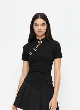 Cider - Mandarin Collar Ruched Split Top