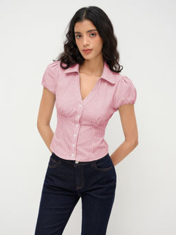 Cider - Cotton-blend V-neck Stripe Tie Back Shirt