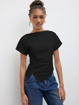 Cider - Cotton-blend Boat Neck Ruched Asymmetrical Hem Tee